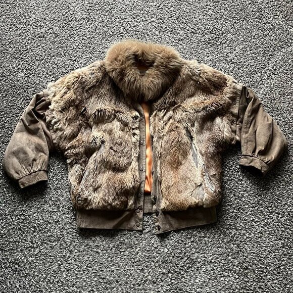 Elegant Authentic Rabbit Fur Coat Vintage 90s RMCC Small Chic Coat Suede Sleeves